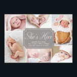 彼女は来た | 誕生発表 案内状<br><div class="desc">このデザインは、中央に誕生詳細を持つ新しいバンドルの写真の6つのコラージュを備えている。</div>