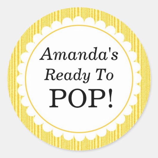 彼女は準備ができて、黄色ポップ・アートののの赤んストライプだシャワー ラウンドシール (正面)