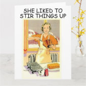 彼女は物をかき混ぜるのが好き、レトロ主婦カード カード (黄色い花)