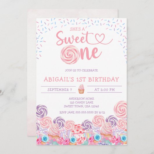 彼女は甘いワンキャンディの1歳の誕生日だ 招待状 (正面/裏面)