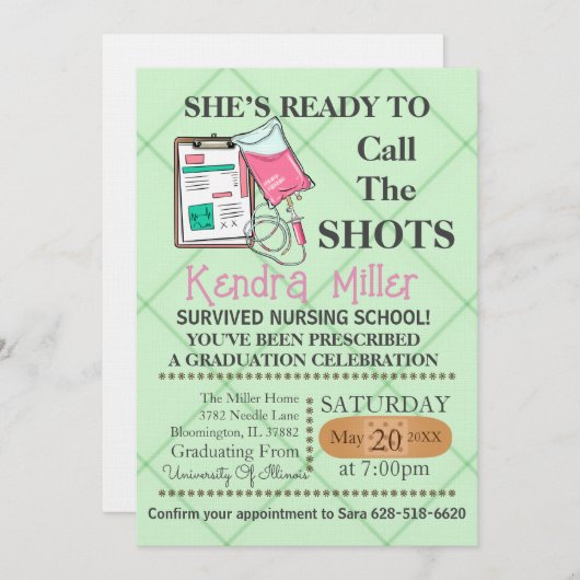 彼女は看護の卒業式と呼ぶ準備ができている 招待状 (正面/裏面)