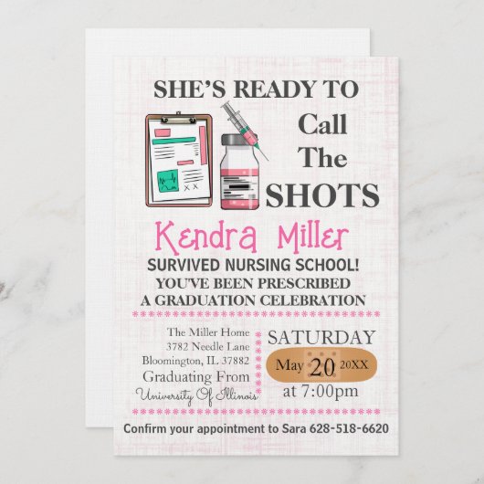 彼女は看護の卒業式と呼ぶ準備ができている 招待状 (正面/裏面)
