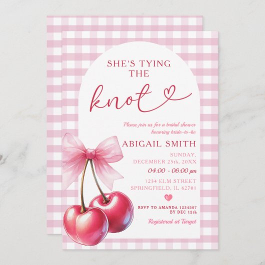 彼女は知っているさくらんぼブライダルシャワーを弓で結んでいる 招待状 (正面/裏面)