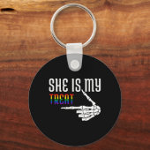 彼女は私のトリートスケルトマッチングカップルのハロウィーンである キーホルダー (正面)