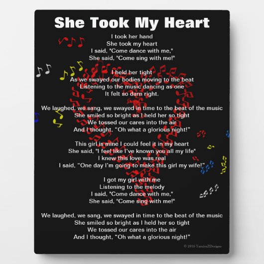 彼女は私のハートの赤い音符の詩を取った フォトプラーク (正面)