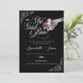 彼女は私はBooスケルトンの手のリングや輪ボックス婚約 案内状 (スタンド正面)