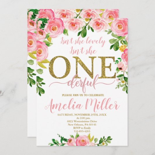 彼女は素敵な誕生日、女の子ファースト誕生日 招待状 (正面/裏面)