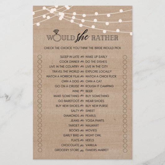 彼女は素朴むしろブライダルシャワーのゲームのフライヤーを望む チラシ (正面)