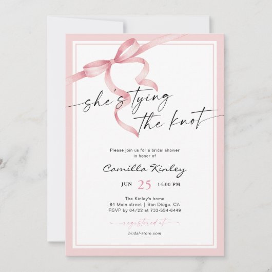 彼女は結び目ソフトピンクのブライダルシャワー 招待状 (正面)