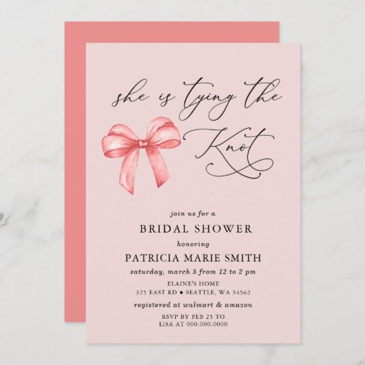 彼女は結び目ピンクの弓ブライダルシャワー 招待状 (正面/裏面)