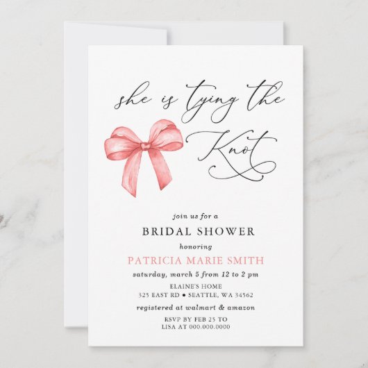 彼女は結び目ピンクの弓ブライダルシャワー 招待状 (正面)