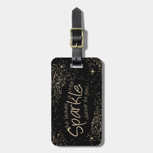 彼女は葉金ゴールドとブラックで少し輝きを放つ ラゲッジタグ (正面縦)