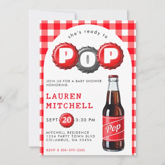 彼女は赤い赤い赤ポップ・アートのちゃんシャワーをソーダ準備ができている 招待状 (正面)