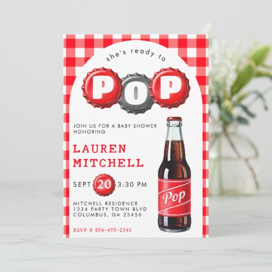 彼女は赤い赤い赤ポップ・アートのちゃんシャワーをソーダ準備ができている 招待状 (スタンド正面)
