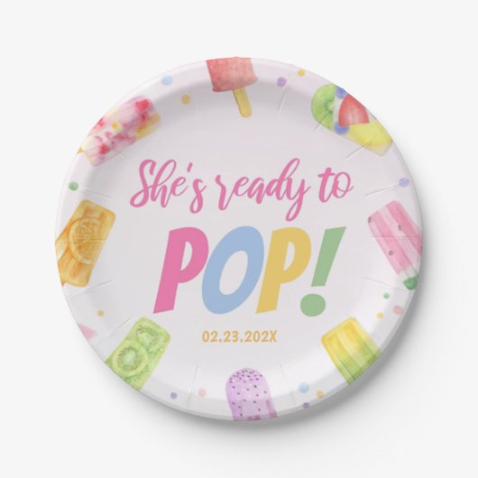 彼女は赤ちゃんシャワーポップ・アートの招待状のポップスの準備ができている ペーパープレート (正面)