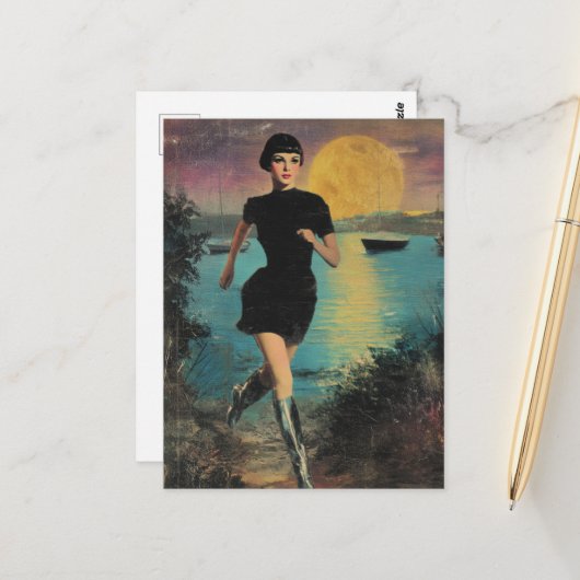 彼女は走黒いドレスのシルバーブーツでビーチを着ている ポストカード (正面/裏面インサイチュ)