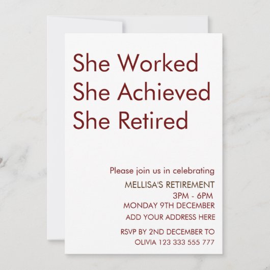 彼女は退職おもしろいを達成退職したした 招待状 (正面)