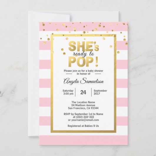 彼女は金ゴールドピンクの女の子のベビーシポップ・アートのャワーを用意 招待状 (正面)
