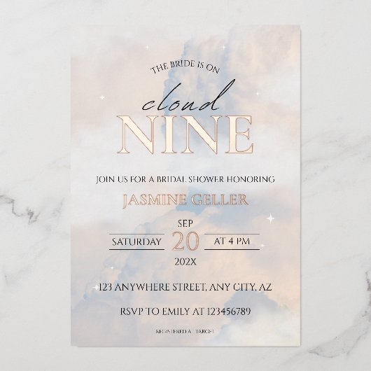 彼女は雲に乗っている9バラ金ゴールドエレガントブライダルシャワー 箔招待状 (正面)