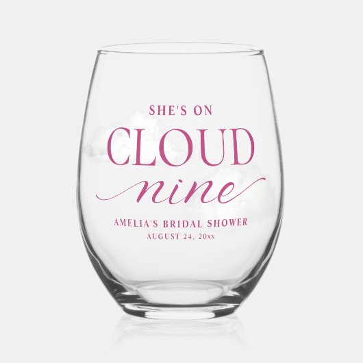 彼女は雲の上にいる ピンクのウェディングシャワー タペストリー ステムなしワイングラス (正面)