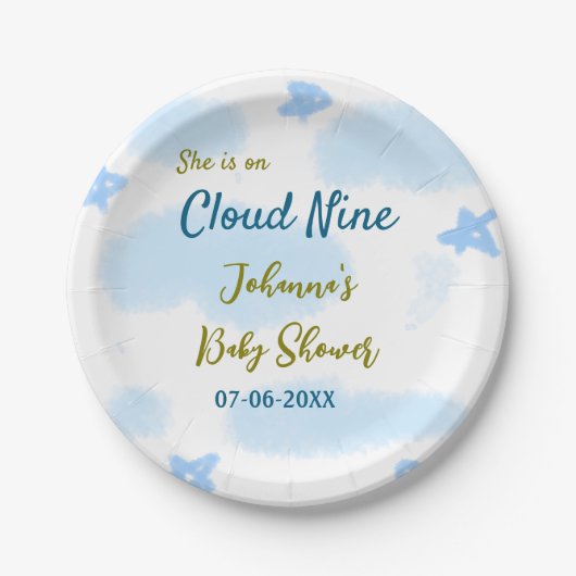 彼女は雲の上にいる ベビーシャワーの雲 ペーパープレート (正面)