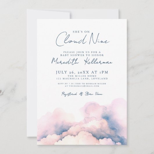彼女は雲の9つの赤ちゃんエレガントシャワーを浴びる 招待状 (正面)
