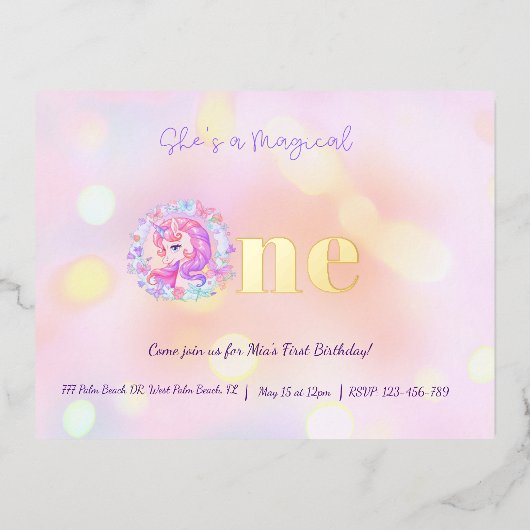 彼女は魔法のワンユニコーンパステルファースト誕生日 箔招待状ポストカード (正面)