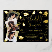 彼女は黒いシックモダンな写真卒業を行った 箔招待状 (正面)