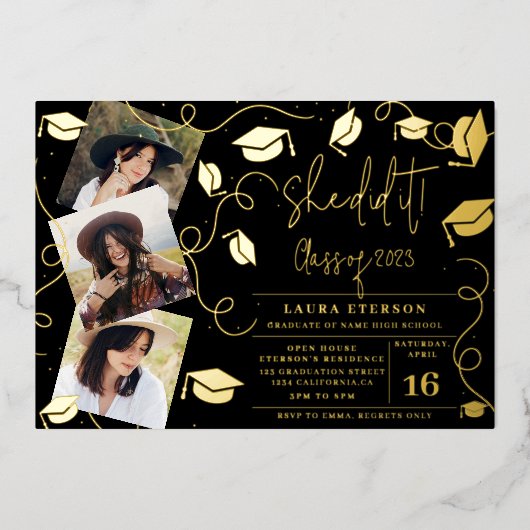 彼女は黒いシックモダンな写真卒業を行った 箔招待状 (正面)