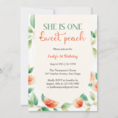 彼女は1つの甘いピーチファースト女の子誕生日 招待状 (正面)