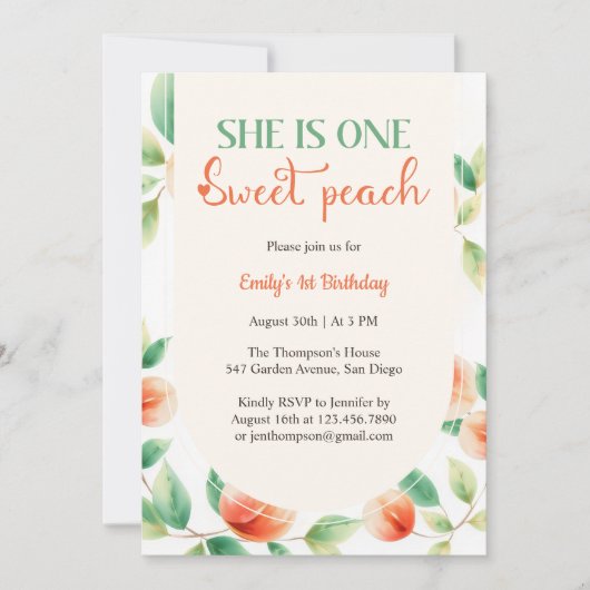 彼女は1つの甘いピーチファースト女の子誕生日 招待状 (正面)