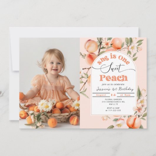 彼女は1つの甘い桃の写真1日の誕生日 招待状 (正面)