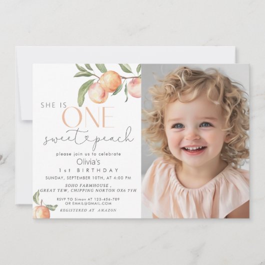 彼女は1つの甘い桃の女の子の最初の誕生日である 招待状 (正面)