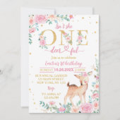 彼女は1つのdeerfulピンクのフローラ誕生日 招待状 (正面)