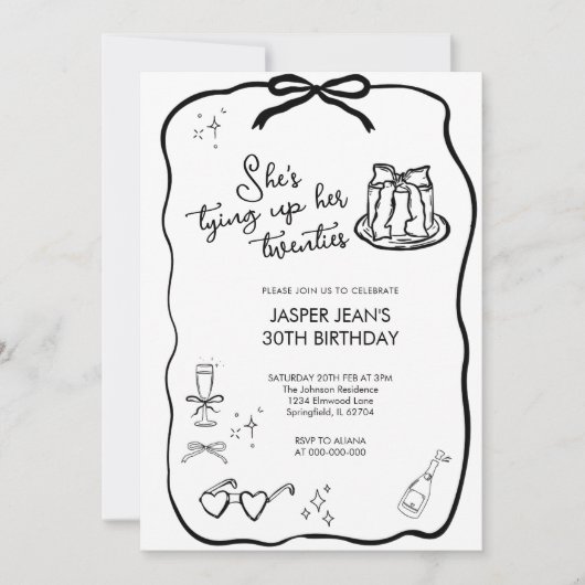 彼女は20代の弓を結んでいる30歳の誕生日 招待状 (正面)