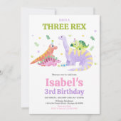 彼女は3歳のティラノサウルス恐竜の誕生日 招待状 (正面)