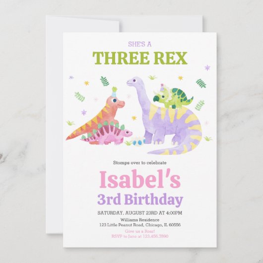 彼女は3歳のティラノサウルス恐竜の誕生日 招待状 (正面)