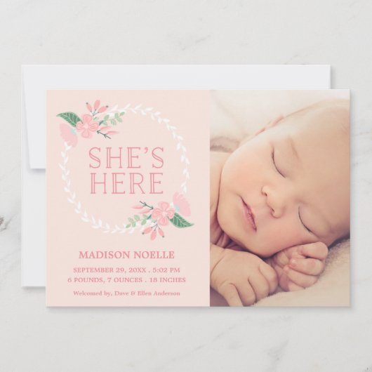 彼女は|の誕生の発表ここにいます 案内状 (正面)