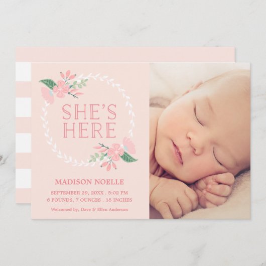 彼女は|の誕生の発表ここにいます 案内状 (正面/裏面)