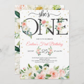 彼女は ONE 花の文字とバラ色のピンクのバラ 招待状 (正面/裏面)