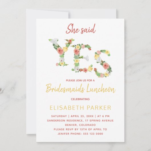 彼女は、YESフローラスクリプトの花嫁介添人の昼食会を述べた 招待状 (正面)