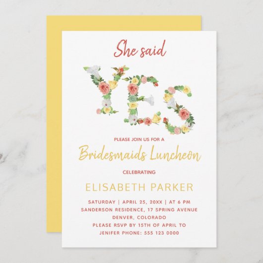 彼女は、YESフローラスクリプトの花嫁介添人の昼食会を述べた 招待状 (正面/裏面)