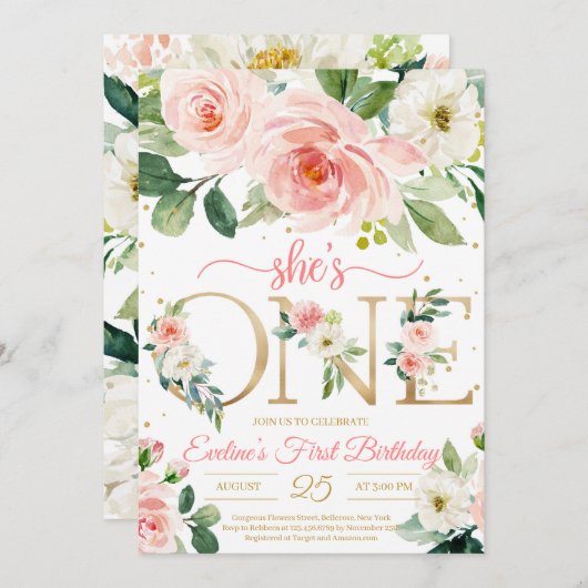 彼女はONEボヘミアンフローラの女の子の最初の誕生日 招待状 (正面/裏面)