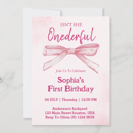 彼女はOneDerfulピンクボウ女の子1st誕生日ではない 招待状 (正面)