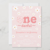 彼女はOnederfulレトロGroovy花の誕生日 招待状 (正面)