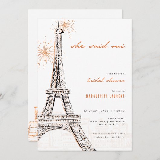 彼女はOui Bridal Shower Invitation Paris Franceと述べた 招待状 (正面/裏面)