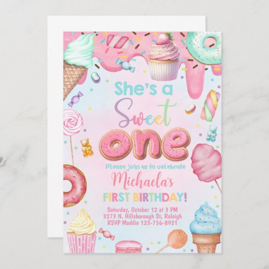 彼女はSweet Oneの女の子の最初の誕生日の招待状だ。 招待状 (正面/裏面)