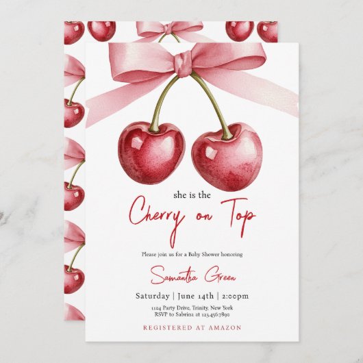 彼女はTop Baby Showerのさくらんぼ 招待状 (正面/裏面)