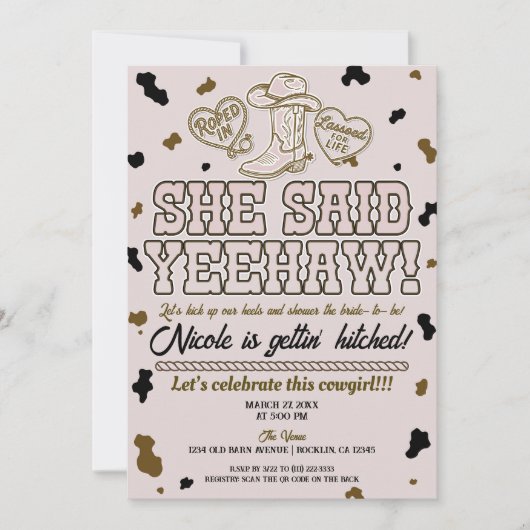 彼女はYeehawピンクカントリーカウ ウェディングシャワー 招待状 (正面)