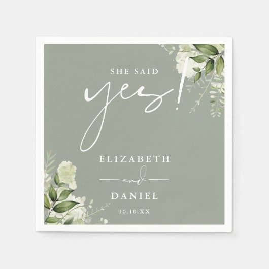 彼女はYesの緑のセージ緑の婚約パーティを言った スタンダードカクテルナプキン (正面)